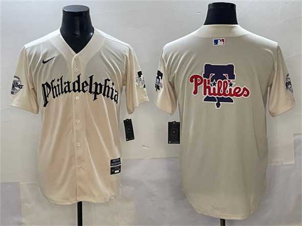 Men%27s Philadelphia Phillies Team Big Logo Cream Gothic Vapor Limited Stitched Jersey